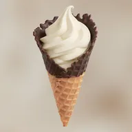 Vanilla soft serve in a chocolate-dipped waffle cone