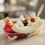 Banana split with strawberry, pineapple and chocolate toppings, whipped cream and cherries
